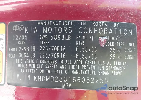 2006 Kia Sedona Ex/Lx из США, поврежденный, VIN KNDMB233166052255